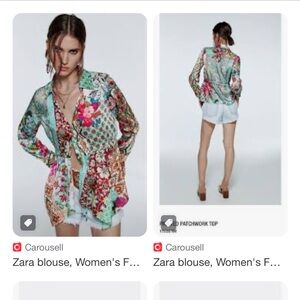 Zara floral Collared V-neck Long Sleeve Asymmetric Hem Top